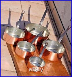 Beautiful French Set of 5 Copper Pans Sauce Pan Cast Iron Handles 9.04lbs