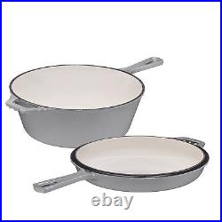 Bruntmor 5 Qt Gray Cast Iron Skillet With Lid, 2 in1 Enameled