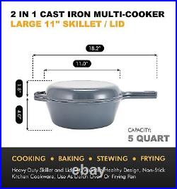 Bruntmor 5 Qt Gray Cast Iron Skillet With Lid, 2 in1 Enameled