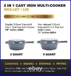 Bruntmor 5 Qt Gray Cast Iron Skillet With Lid, 2 in1 Enameled