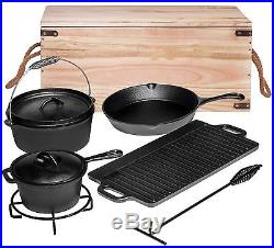 Bruntmor Pre-Seasoned 7 pc Cast Iron Dutch Oven Camping Cooking Set with BOX