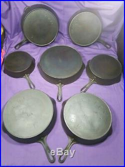 COMPLETE #6-12 ERIE CAST IRON SKILLET SET ALL With MAKER MARKS & MATCHING HANDLE