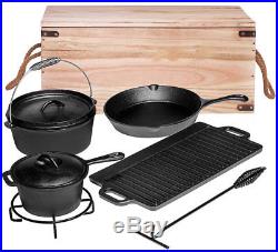 Camping Cookware Set Camp Cooking Gear 7 Piece Cast Iron Pre Seasoned Box New