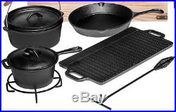 Camping Cookware Set Camp Cooking Gear 7 Piece Cast Iron Pre Seasoned Box New