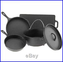 Cast Iron 5 Piece Dutch Oven Pots Pans Skillets Griddle Cookware Set Home Camp