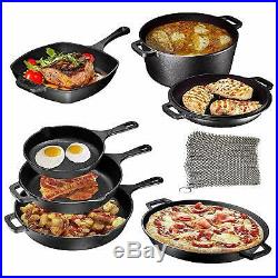 Cast Iron 8 pc Bundle Pizza Pan, 3 Skillets, Dutch Oven, Grill Pan, Cookware Set