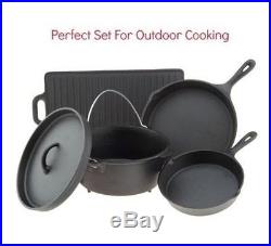 Cast Iron Cookware Set 5 Piece Pots Skillets Dutch Oven Griddle Home Camping NEW