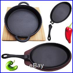 Cast Iron Dinning Skillet Frying Pan Pot Grill Backing With Wood Serving Board