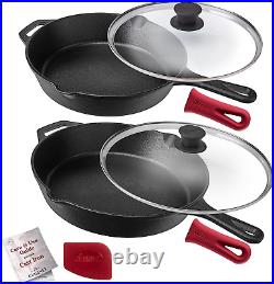 Cast Iron Skillet Set 10 + 12 Frying Pan + Glass Lids + 2 Handle Cover Grips