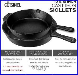 Cast Iron Skillet Set 10 + 12 Frying Pan + Glass Lids + 2 Handle Cover Grips
