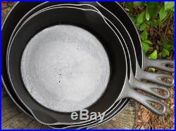 Cast Iron Skillet Set # 7, 8, 10, 12 ERIE Logos Matching Lot Clean Usable