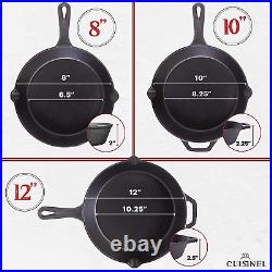 Cast Iron Skillet Set with Lids 8+10+12-Inch Pre-Seasoned Covered Frying Pa