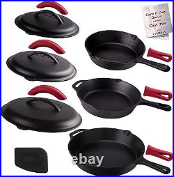 Cast Iron Skillet Set with Lids 8+10+12-Inch Pre-Seasoned Covered Frying Pa