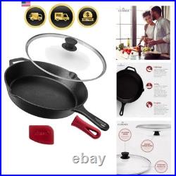 Cast Iron Skillet with Lid 12-Inch Frying Pan + Glass Cover + Silicone Han