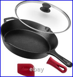 Cast Iron Skillet with Lid 12-Inch Frying Pan + Glass Cover + Silicone Han