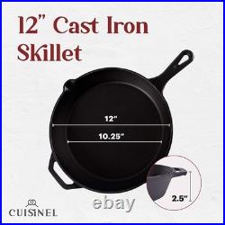 Cast Iron Skillet with Lid 12-Inch Frying Pan + Glass Cover + Silicone Han