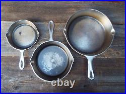 Chicago Hardware Foundry / CHF Hammered Plated Cast iron 3 Skillet Set, Restored