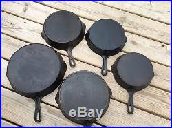 ERIE Pre-Griswold Cast Iron Skillet Lot Of 5 6,7,8,9, 11 c1895-1910 Series RARE