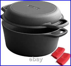 Elegant 2-in-1 Cast Iron Dutch Oven & Skillet Set 5 Qt, Indoor/Outdoor Cooking