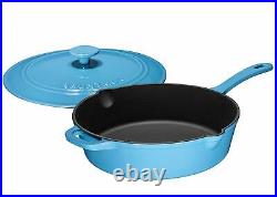 Enameled 12 Inch Cast Iron Skillet Deep Saute Pan Frying Pan with Lid Turquoise