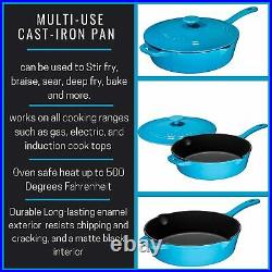Enameled 12 Inch Cast Iron Skillet Deep Saute Pan Frying Pan with Lid Turquoise
