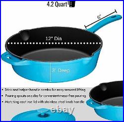 Enameled 12 Inch Cast Iron Skillet Deep Saute Pan Frying Pan with Lid Turquoise