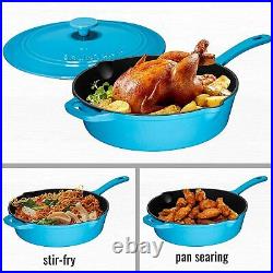 Enameled 12 Inch Cast Iron Skillet Deep Saute Pan Frying Pan with Lid Turquoise