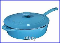 Enameled 12 Inch Cast Iron Skillet Deep Saute Pan Frying Pan with Lid Turquoise