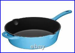 Enameled 12 Inch Cast Iron Skillet Deep Saute Pan Frying Pan with Lid Turquoise