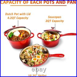 Enameled Cast Iron Cookware Set 5 Piece Set of Dutch Oven, Sauce Pan, Skillet