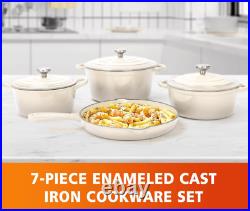 Enameled Cast Iron Cookware Set 7 Piece Set of Dutch Ovens, Sauce Pan, Skillet