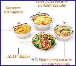 Enameled Cast Iron Cookware Set 7 Piece Set of Dutch Ovens, Sauce Pan, Skillet