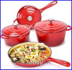 Enameled Cast Iron Cookware Set 7 Piece, Skillet, 3 Lids, Red, White, Blue