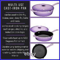 Enameled Cast Iron Skillet Deep Saute Pan with Lid 12 Inch Heat Retention Purple