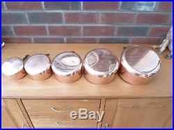 French Les Cuivres De Faucogney Copper Pan Set 5 Lined Pans Cast Iron Handles