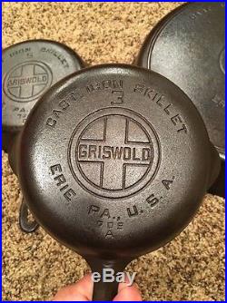 GRISWOLD Cast Iron skillet Griddle Lot Of 3 #5 #12 Skillets Large Block Logo 719