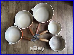 Genuine Le Creuset Orange Pan Set Cast Iron Saucepans With Wooden Display Rack