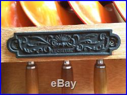 Genuine Le Creuset Orange Pan Set Cast Iron Saucepans With Wooden Display Rack