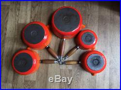 Genuine Le Creuset Orange Pan Set Cast Iron Saucepans With Wooden Display Rack