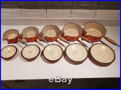 Genuine Set Of 5 Le Creuset Orange Cast Iron Saucepans With Lids 14,16,18,20&22