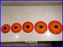 Genuine Set Of 5 Le Creuset Orange Cast Iron Saucepans With Lids 14,16,18,20&22