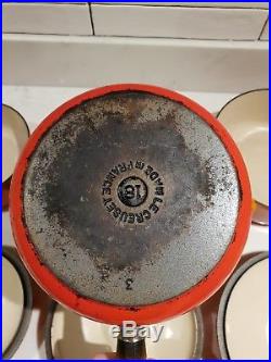 Genuine Set Of 5 Le Creuset Orange Cast Iron Saucepans With Lids 14,16,18,20&22