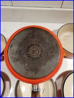 Genuine Set Of 5 Le Creuset Orange Cast Iron Saucepans With Lids 14,16,18,20&22