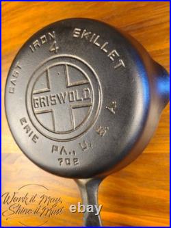 Griswold #4 Cast Iron Skillet Large Block Logo Heat Ring 702 Restored