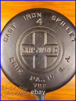Griswold #4 Cast Iron Skillet Large Block Logo Heat Ring 702 Restored