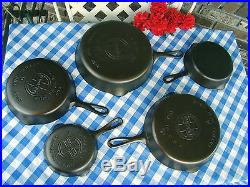 Griswold Cast Iron Large Logo 5 Piece Skillet Set #3, #5, #6, #8, and #9