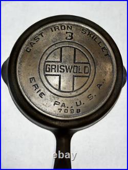 Griswold Cast Iron Skillet #3 Large Block Logo #709B Heat Ring Flat No Wobble