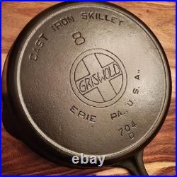 Griswold Cast Iron Skillet #8, Slant Large Block Log0, 704, Heat Ring, c1909-29