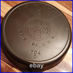 Griswold Cast Iron Skillet #8, Slant Large Block Log0, 704, Heat Ring, c1909-29