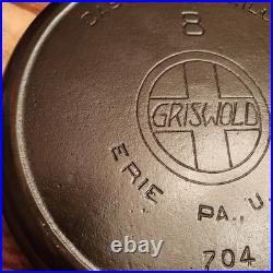 Griswold Cast Iron Skillet #8, Slant Large Block Log0, 704, Heat Ring, c1909-29